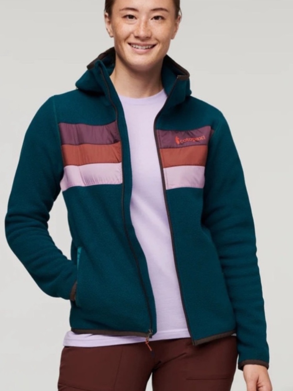 Cotopaxi Teca Teal Full Zip Fleece Jacket Lavender Rust Purple Stripes Size S